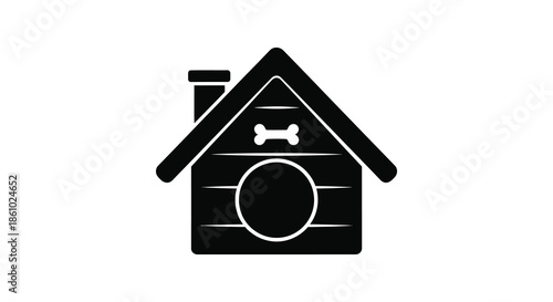 A simple black and white illustration of a dog house with a circular entrance silhouette
