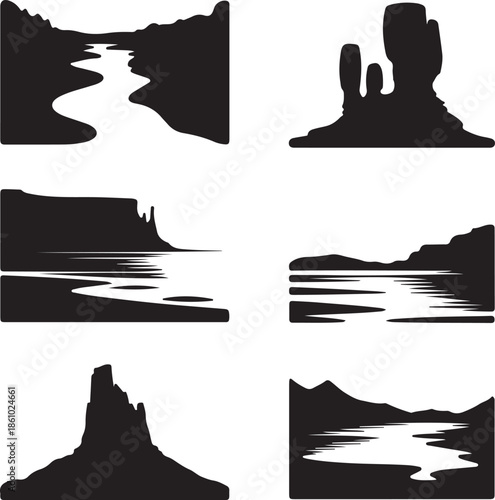 Minimalist landscape icons with rivers and rock formations isolated