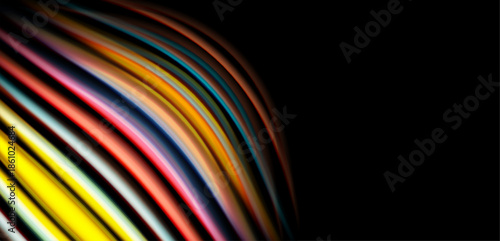 Abstract colorful lines curve across black background. Vivid hues blend, creating dynamic visual impact. Minimalist design emphasizes form, color.