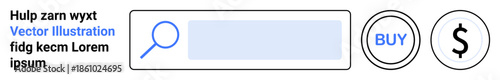 Digital commerce, web search, user interface, online shopping, financial apps, navigation tools. Search bar with magnifying glass, buy button and dollar sign icon. Digital commerce and web search