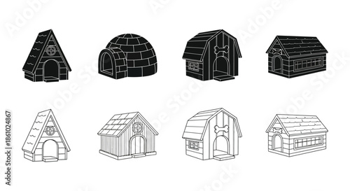 Collection of different dog houses in both solid and outlined styles a visual silhouette