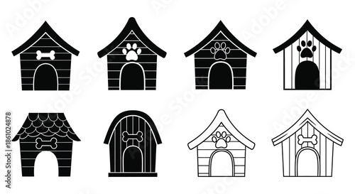 Collection of dog houses in various designs featuring simple shapes and a dark silhouette