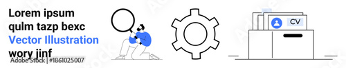 Person analyzing with magnifying glass, gear representing settings, and file folders with resumes. Ideal for HR, hiring, management, optimization, recruitment technology, data review and simple