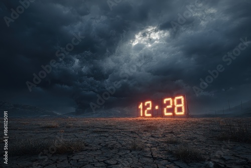 Climate clock counting down to doomsday as storm clouds gather over a cracked landscape signaling urgent need for climate action