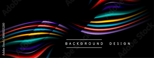 Abstract colorful lines over black background. Modern design elements create dynamic visual impact. Simple text labels bottom center.