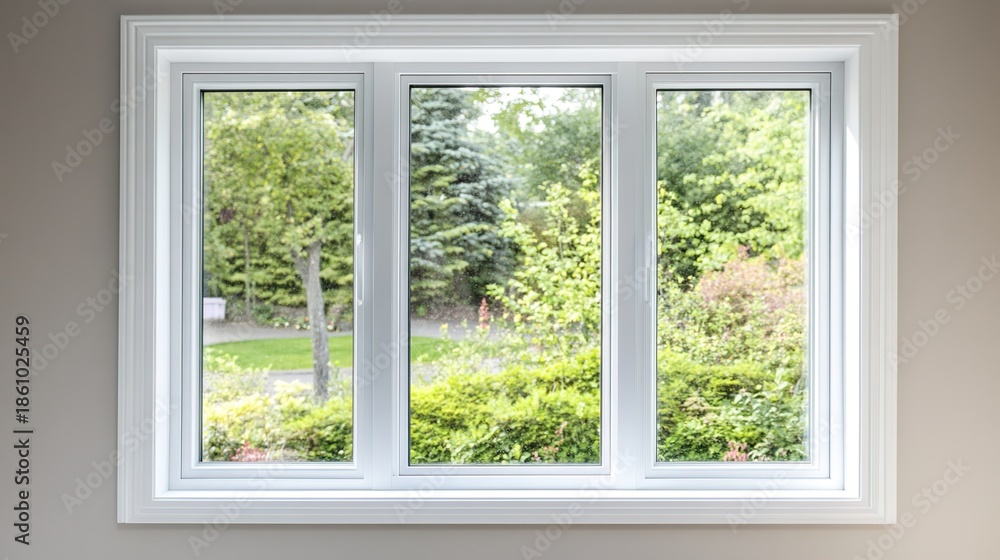 Obraz premium pvc. Modern white PVC window installed in a residential room, allowing natural daylight to fill the neutral interior space. real-estate listings.