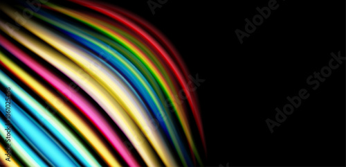 Colorful curved lines dominate upper portion. Black background creates strong contrast, simple design. Vibrant spectrum radiates energy.