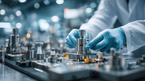A person in lab coat and gloves meticulously assembling metal components on a workbench