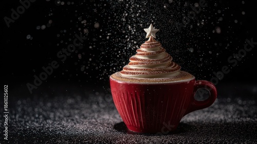A red mug, with a swirl of whipped cream & a star, dusted with powdered sugar