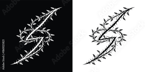 Elegant letter s intertwined with delicate vines, presented in both black and white versions, showcasing a sophisticated design isolated