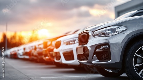 Luxury SUVs parked in a row at sunset, showcasing modern automotive design