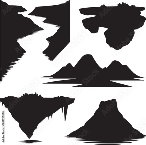 Abstract black silhouette landscapes and islands isolated on transparent