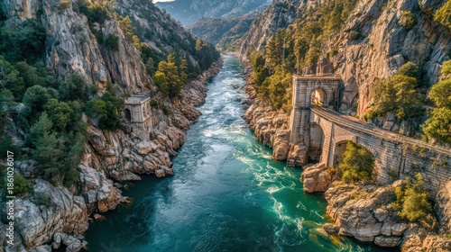 A scenic river flows dramatically through steep, rocky canyons with a stone bridge and tunnel