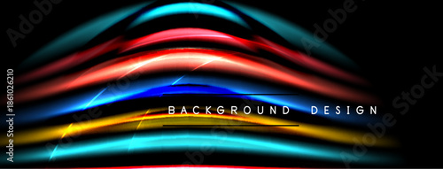 Abstract colorful lines form wave shape. Bright neon glow over black background. Text reads background design. Modern visual element.