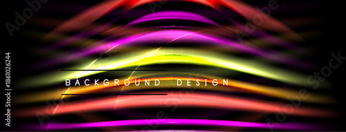 Abstract colorful lines create dynamic background. Bright gradients, smooth curves, modern design elements present. Text reads background design.