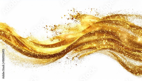 Wavy golden, glittery stream over white background