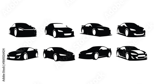 A collection of sleek sports car outlines displayed in a black and white silhouette