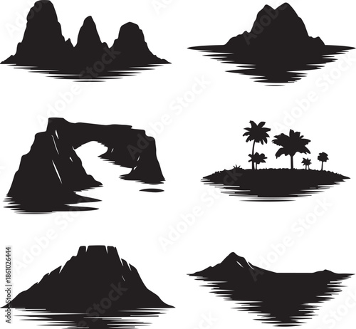 Collection of tropical island and rock formations isolated illustration