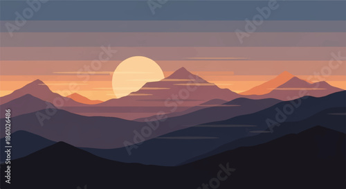 Evening Sunset Over Layered Mountain Ranges with Silhouetted Peaks and Soft Horizon Glow.