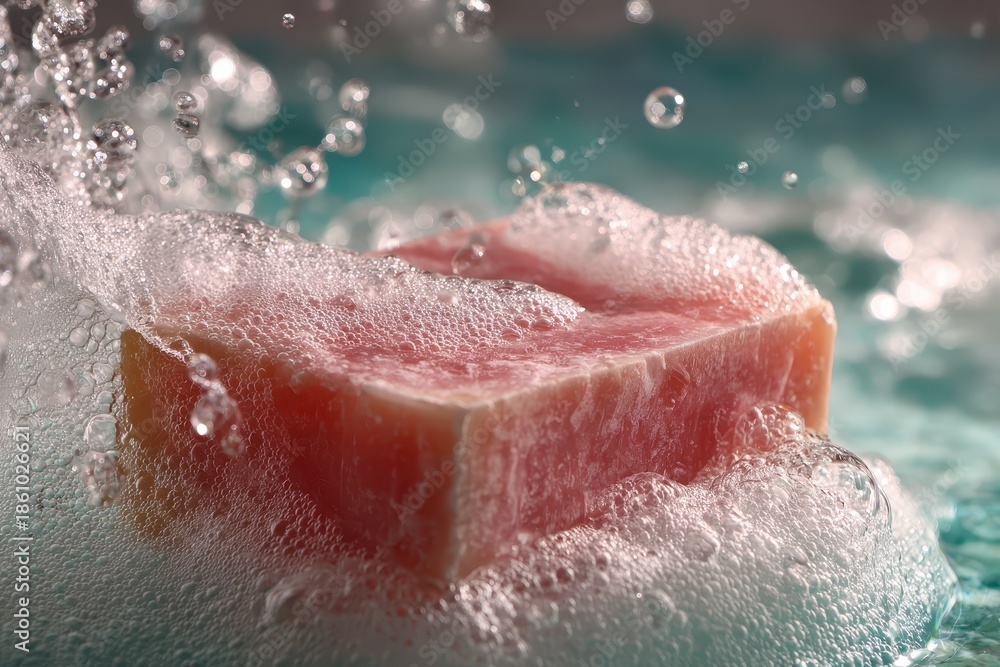 Fototapeta premium Realistic depiction of a bar of soap immersed in bubbles with droplets on a surface, showcasing its texture in a clean, vibrant setting during daylight hours