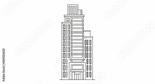 Sketch of a tall modern skyscraper with detailed facade.