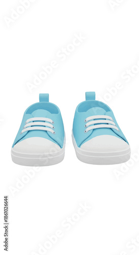 Pair of blue sneakers viewed from the front in a casual urban setting.