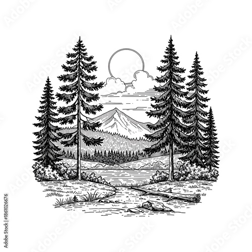 Rustic hand-drawn illustration of a serene wilderness. Pine trees frame a tranquil lake with distant mountains under the sun, capturing peaceful nature and outdoor exploration