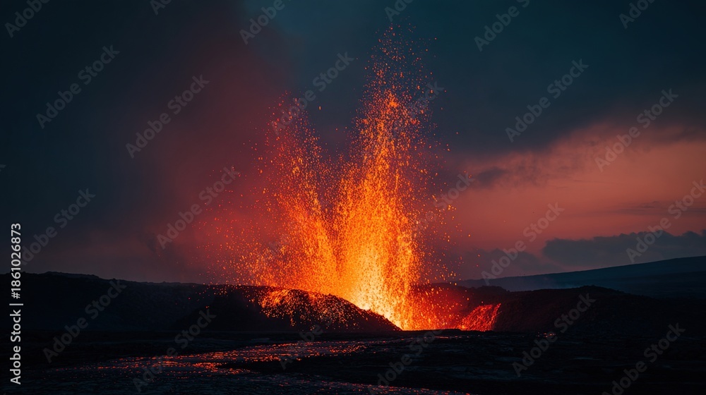 Fototapeta premium flung. Volcanic eruption at dusk with molten lava against a dark sky. ESG reports, sustainability campaigns, nonprofit outreach, designed for environmental awareness campaigns, used by clinicians.