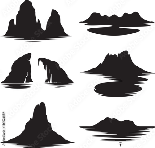Abstract rocky islands and mountain peaks isolated illustration set