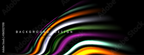 Abstract colorful lines create dynamic flow. Dark background emphasizes vibrant curves, modern design element. Smooth gradients offer visual interest.