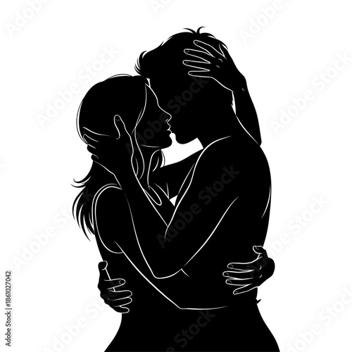 Romantic silhouette of loving couple embracing