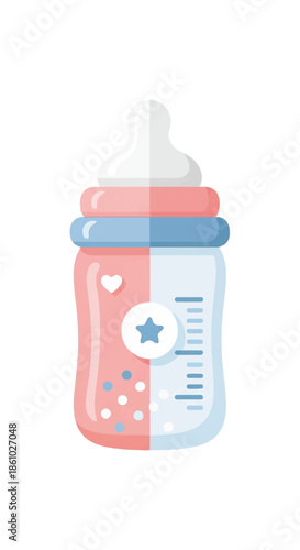Colorful Baby Feeding Bottle with Heart Icon and Star Design for Infants.