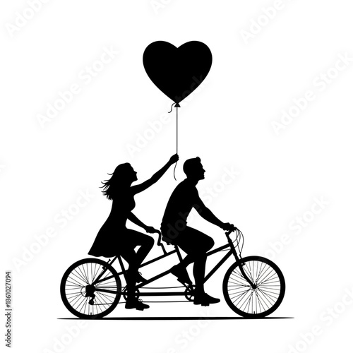 Couple riding tandem bike with heart balloon