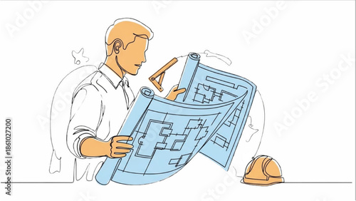 Man examining architectural blueprint with pencil in hand