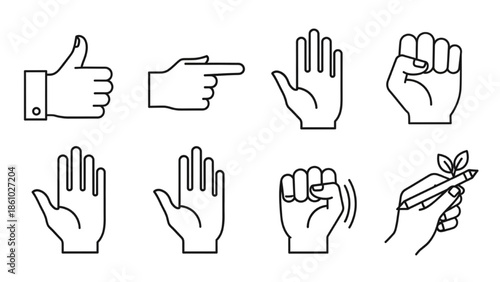 Various Hand Gestures Illustrated in a Simple Line Art Style