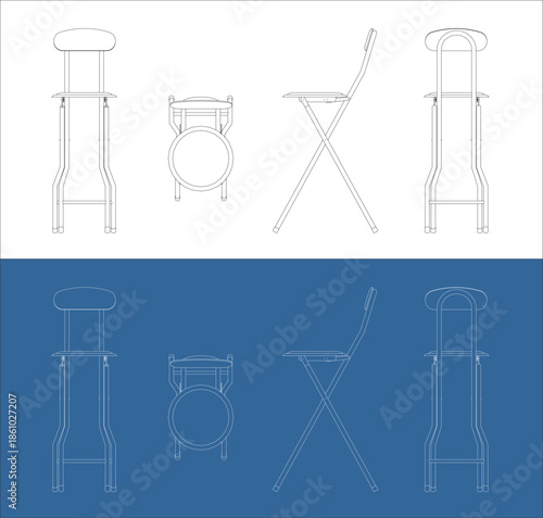 Orthographic Technical Plan of Wooden Folding Chair with Front Side and Top Views