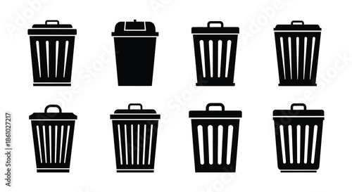 A collection of various trash can designs presented as stark black shapes silhouette