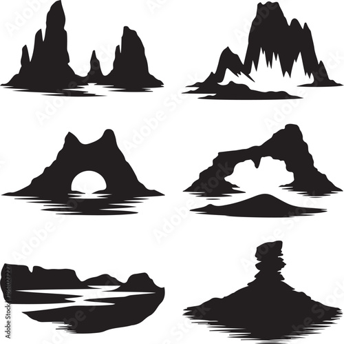 Silhouette illustrations of unique coastal rock formations isolated