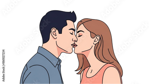 A man and woman about to kiss, captured in a simple illustration, against a plain white background, viewed from the side.