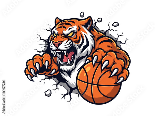 Fierce Tiger Basketball Mascot Breaking Wall Vector Illustration