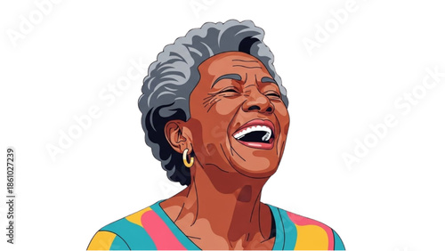 Elderly woman laughing with joyful expression in colorful clothing