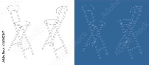 Isometric Folding Chair Technical Drawing with 3D Wireframe Perspective