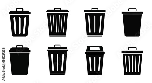 A collection of black trash cans in various styles a minimalist silhouette