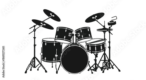 Illustration of a five-piece drum set with cymbals and hardware for music practice and performance.