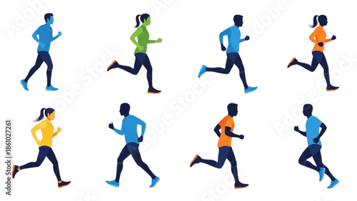 Multiple runners in various colored outfits jogging in the same direction against a white background