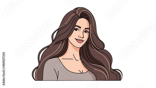Illustration of a young woman with long brown hair and a friendly smile