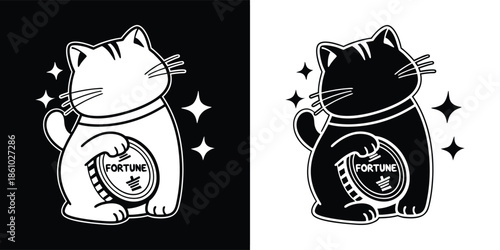 Lucky cat maneki neko in black and white, a symbol of good fortune and prosperity, isolated on white background