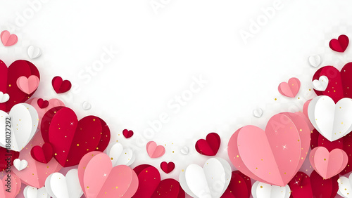 Colorful valentines day heart shapes border on white background