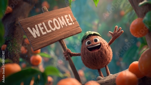 Animated brown character with leaves for hat, holding 