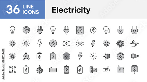 A collection of 36 professional line icons representing electricity and related concepts
